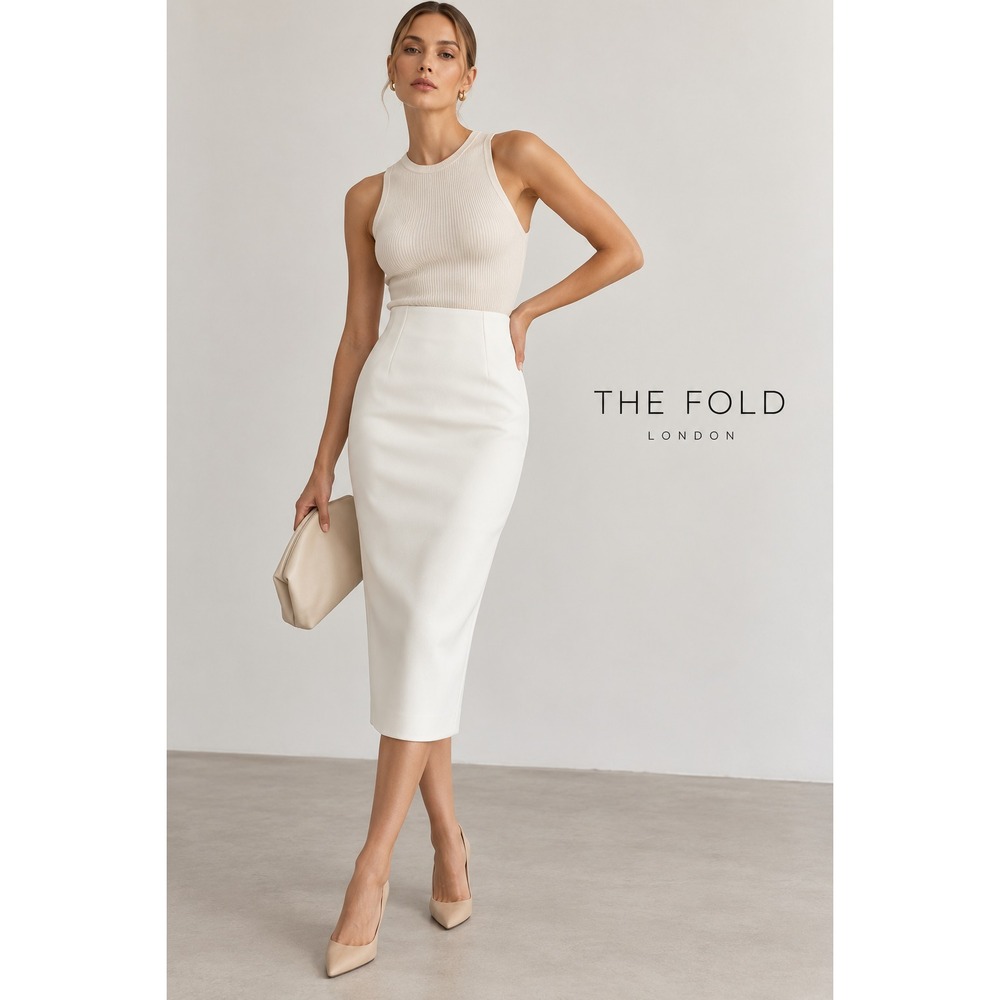 NWT The Fold London White Pencil Skirt US 2 High Waist Midi Quiet Luxury